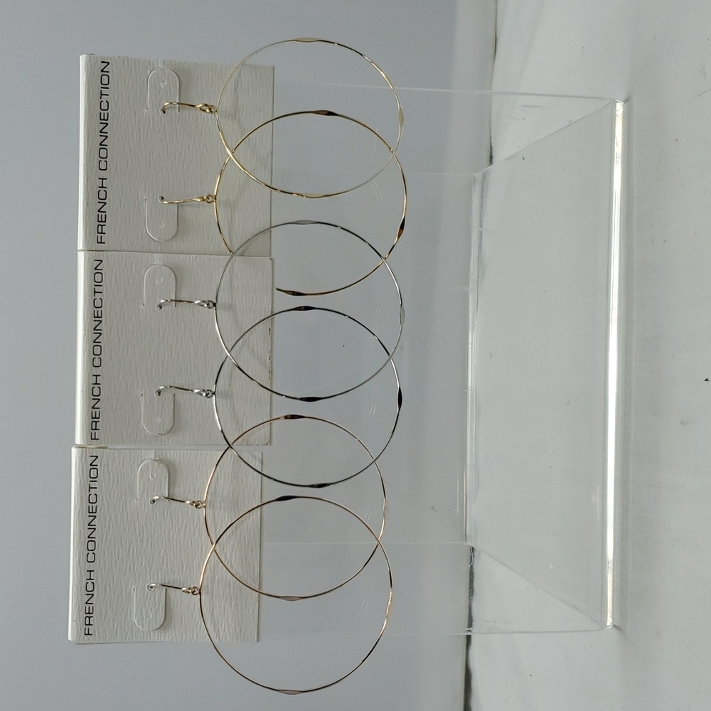 3 pairs French connection large flattened Earrings gold-silver-rose gold
